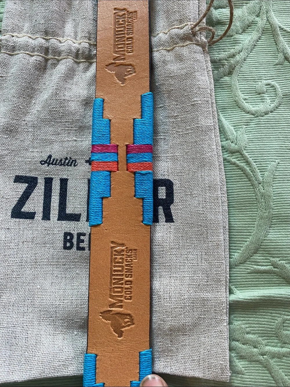 Zilker Tan Leather Belt with Turquoise Wrap Accent